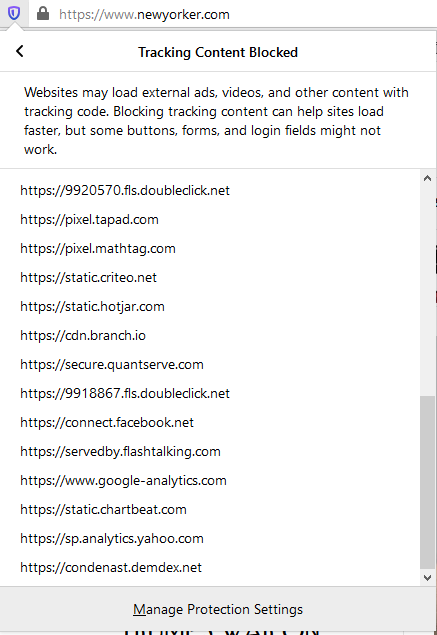 Firefox tracker detection for newyorker.com home page