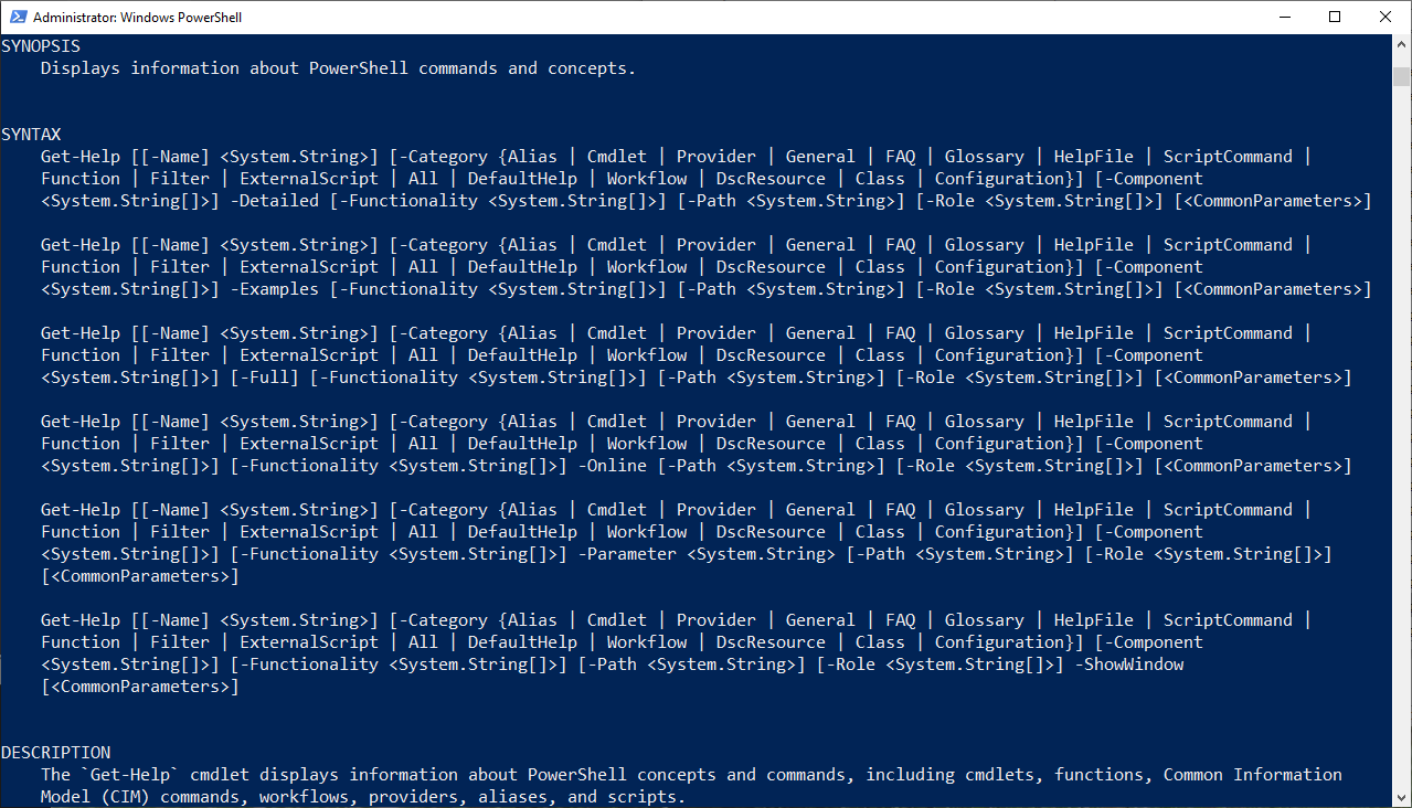 Sample Help Output using Get-Help Get-Help
